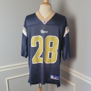 NFL RAMS Marshall Faulk 28 Reebox Football Short Sleeve Jersey Game Day Shirt M